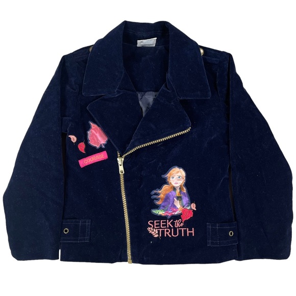 Disneys Frozen size 4t navy blue velvet gold zip up jacket, Anna & floral design - Picture 2 of 11